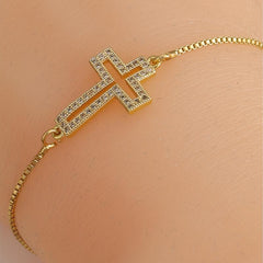 Micro Paved Zircon Cross Chain Bracelet Adjustable Hand Chain