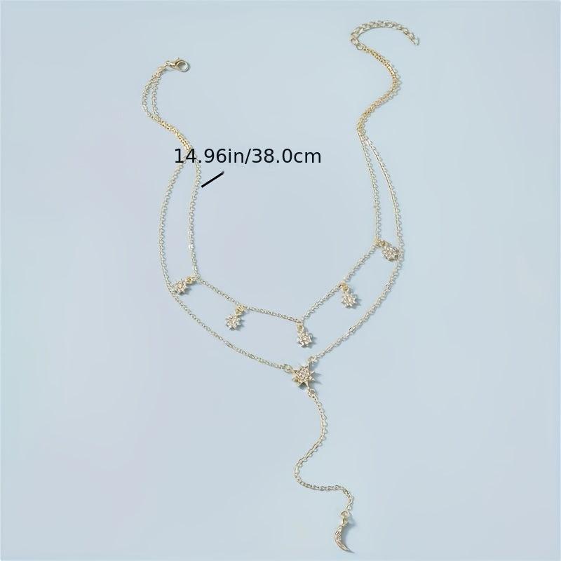 Stars & Moons Tassel Choker Pendant Necklace Three Layer Charm Statement