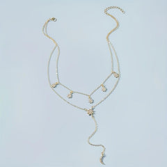 Stars & Moons Tassel Choker Pendant Necklace Three Layer Charm Statement