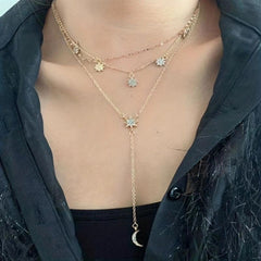 Stars & Moons Tassel Choker Pendant Necklace Three Layer Charm Statement