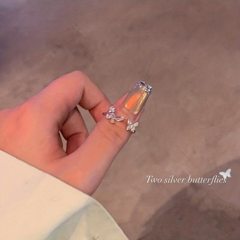 Adjustable Butterfly Rhinestone Cuff Ring - Stylish Sparkle Jewelry