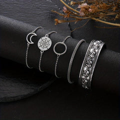 5pcs Geometric Bangle Bracelet Set Elephant Compass Pattern Hand Jewelry