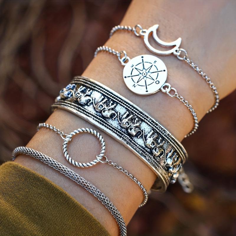 5pcs Geometric Bangle Bracelet Set Elephant Compass Pattern Hand Jewelry