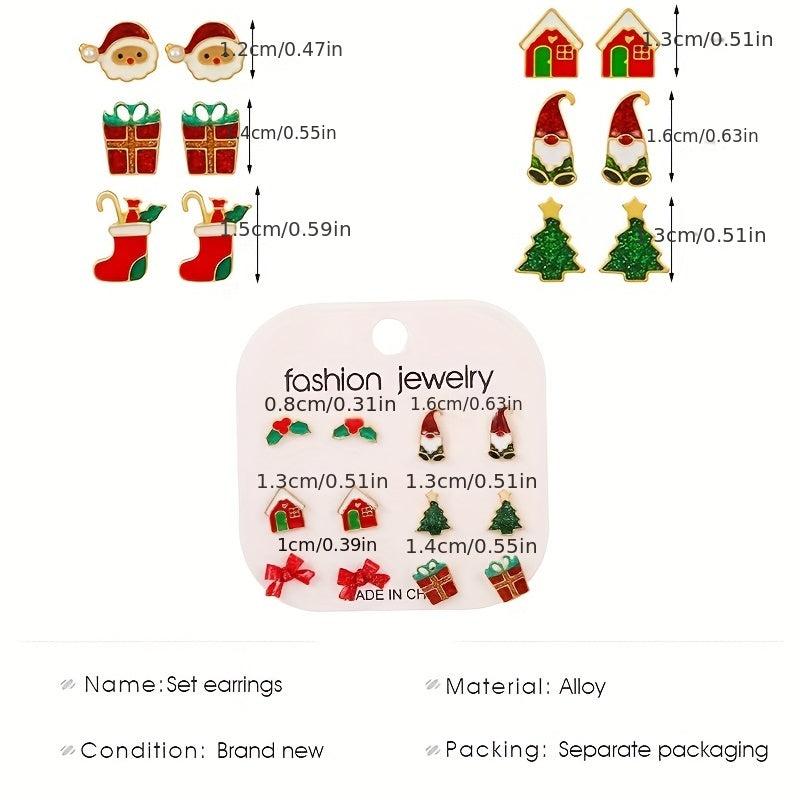 6 Pairs Christmas Tree Cane Bell Socks Earrings Set