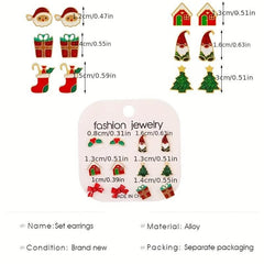 6 Pairs Christmas Tree Cane Bell Socks Earrings Set