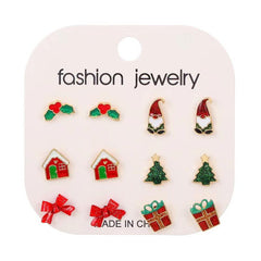 6 Pairs Christmas Tree Cane Bell Socks Earrings Set