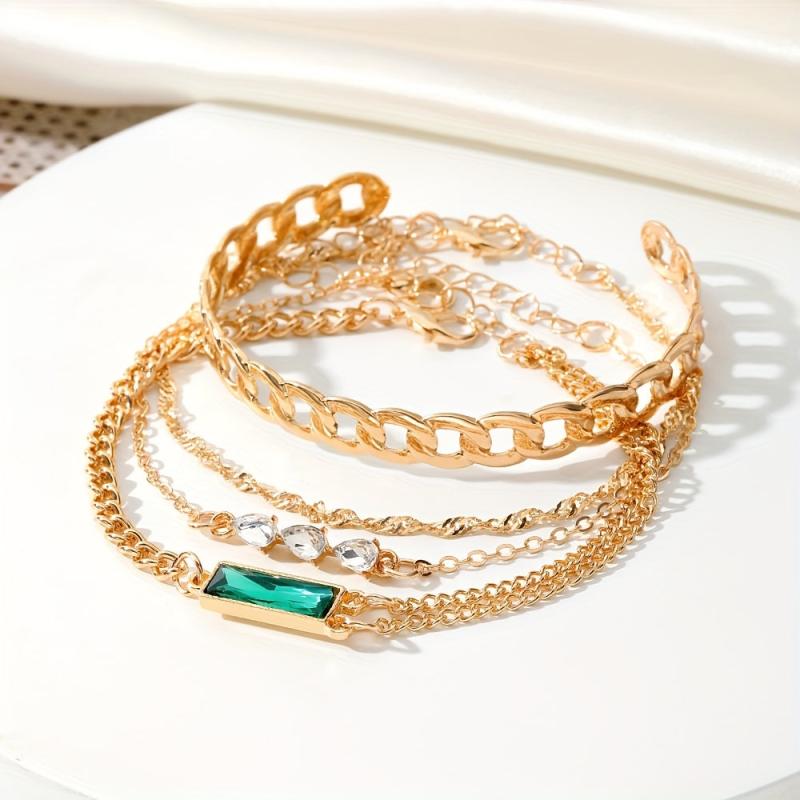 4pcs Emerald Crystal Twist Bangle Stacked Bracelet For Girls