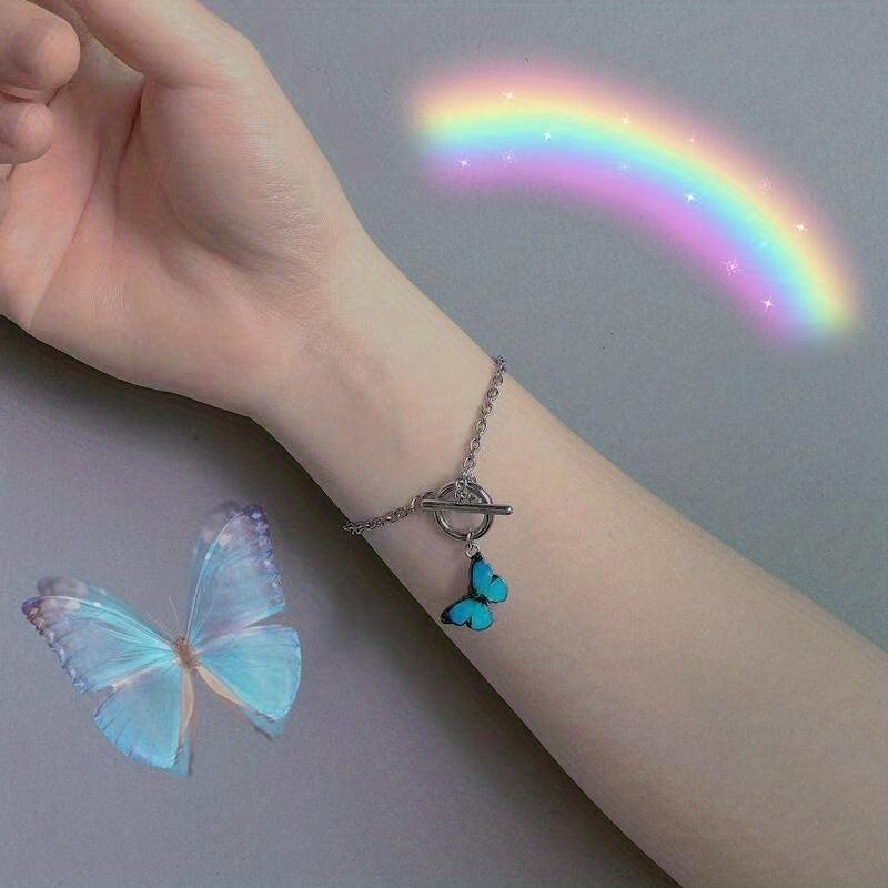 Colorful Butterfly Pendant Cuban Chain Bracelet Minimalist Hand Jewelry