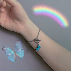 Colorful Butterfly Pendant Cuban Chain Bracelet Minimalist Hand Jewelry