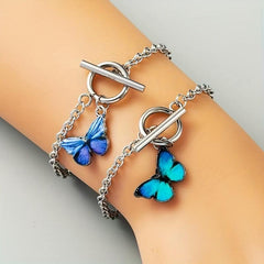 Colorful Butterfly Pendant Cuban Chain Bracelet Minimalist Hand Jewelry