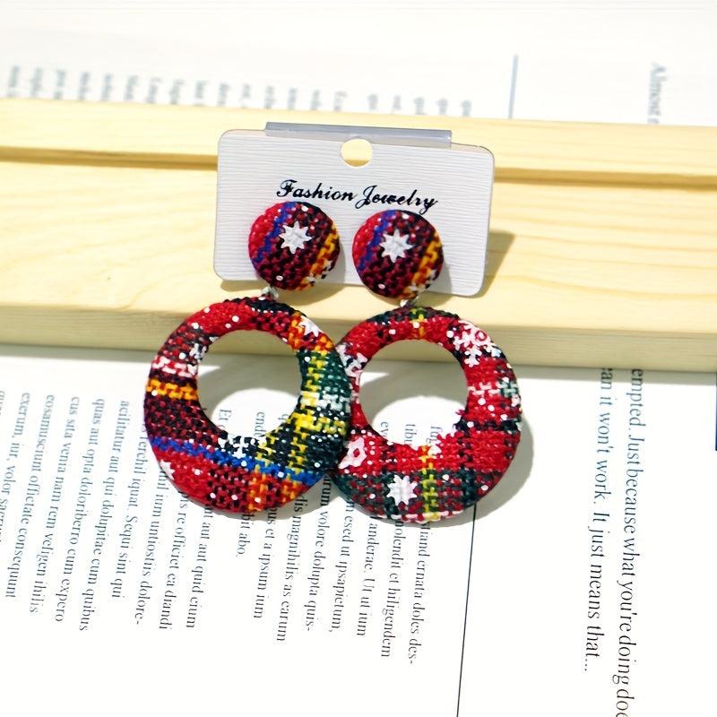 Christmas Plaid Pattern Fabric Dangle Earrings Hollow Round Shape