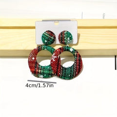 Christmas Plaid Pattern Fabric Dangle Earrings Hollow Round Shape