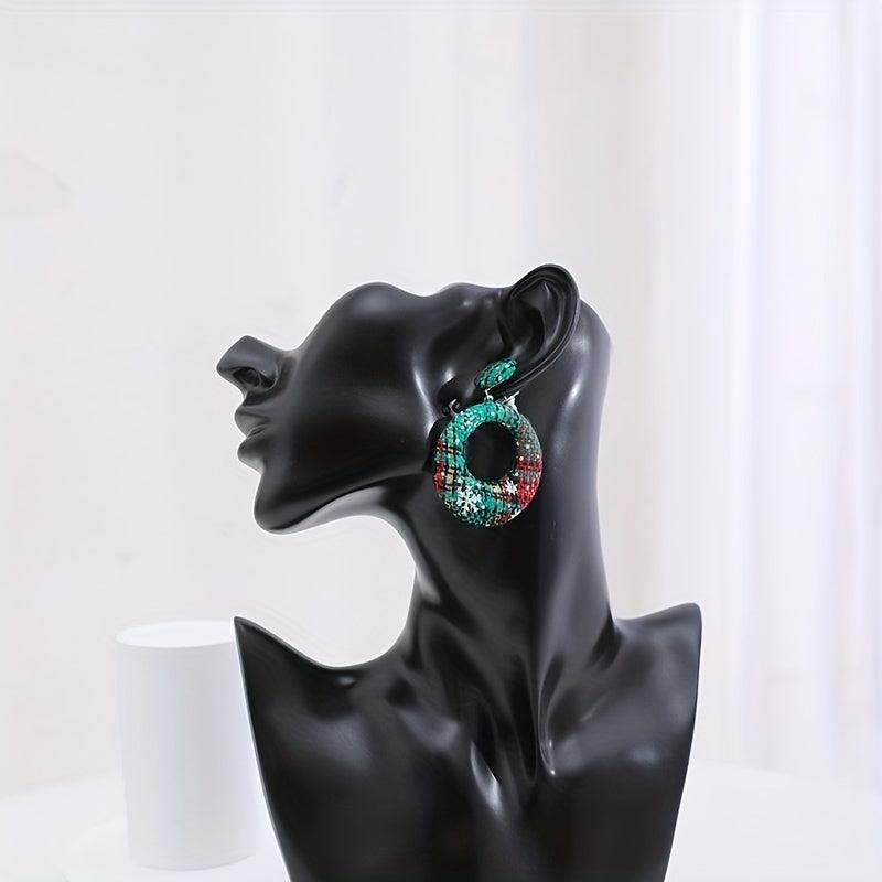 Christmas Plaid Pattern Fabric Dangle Earrings Hollow Round Shape