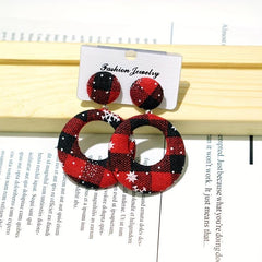 Christmas Plaid Pattern Fabric Dangle Earrings Hollow Round Shape