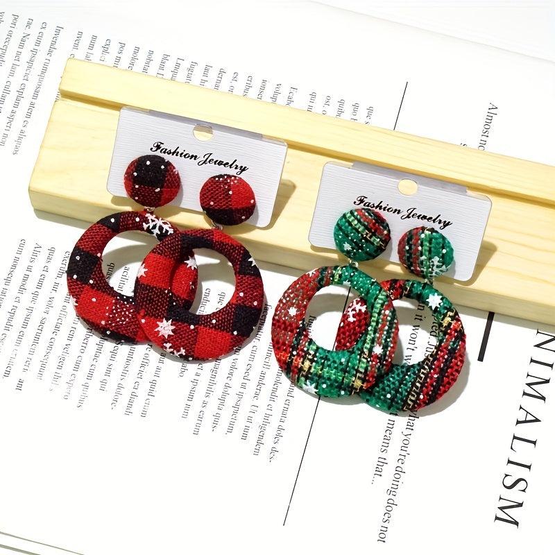 Christmas Plaid Pattern Fabric Dangle Earrings Hollow Round Shape