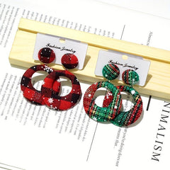 Christmas Plaid Pattern Fabric Dangle Earrings Hollow Round Shape