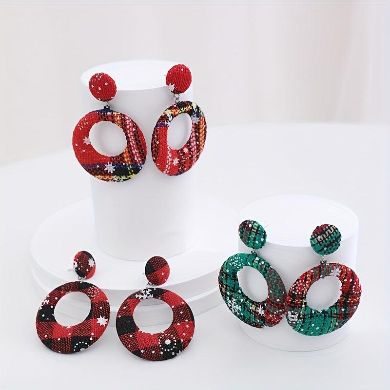 Christmas Plaid Pattern Fabric Dangle Earrings Hollow Round Shape
