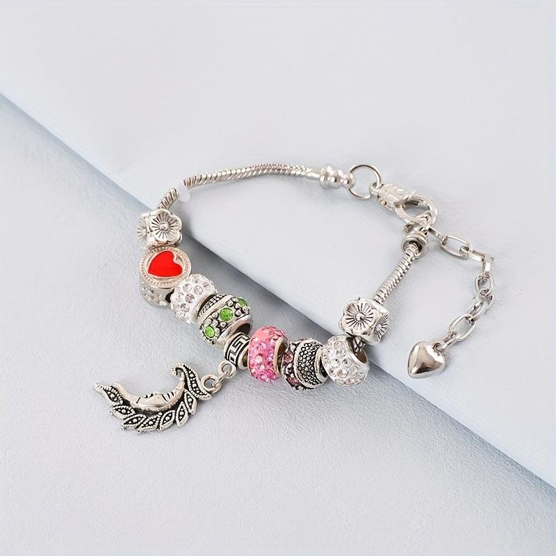 Leaf Moon Pendant Beaded Bracelet Vintage Style Hand Jewelry 1pc