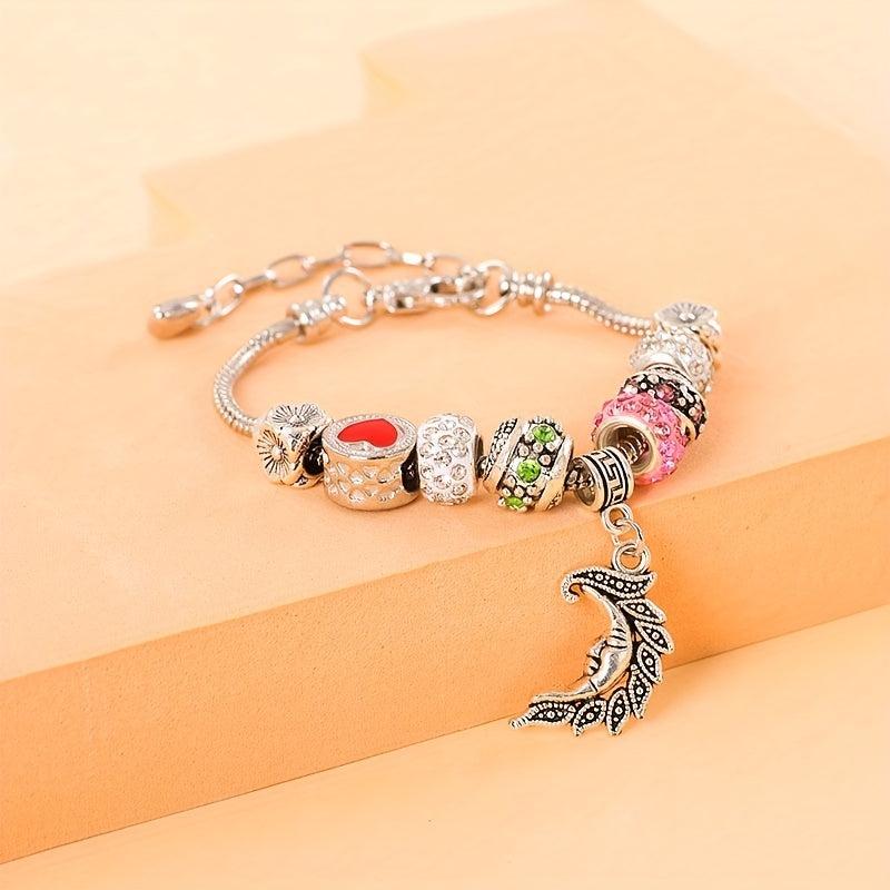 Leaf Moon Pendant Beaded Bracelet Vintage Style Hand Jewelry 1pc