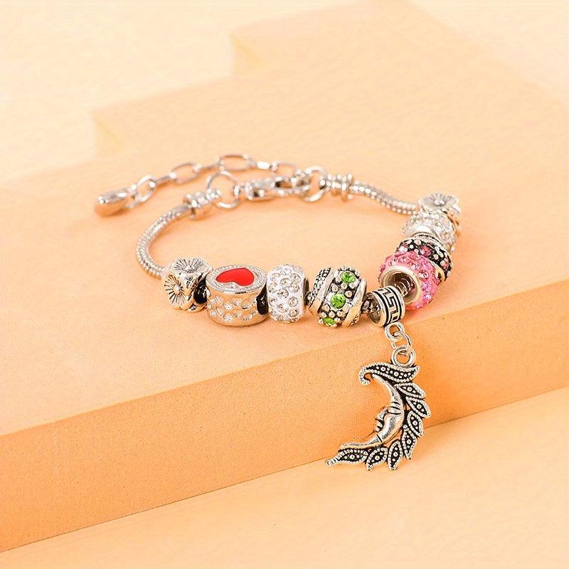 Leaf Moon Pendant Beaded Bracelet Vintage Style Hand Jewelry 1pc