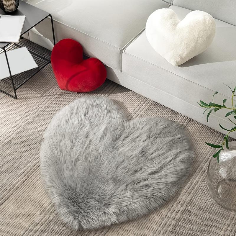 1pc Grey Love Long Hair Carpet Bedroom Living Room Decoration Non-slip Floor Mat