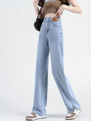 High Waist Straight Jeans Loose Fit Non Stretch Split Wide Legs Jeans