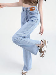 High Waist Straight Jeans Loose Fit Non Stretch Split Wide Legs Jeans