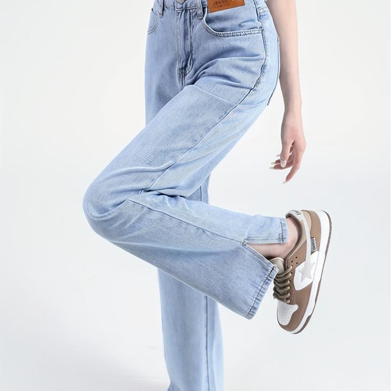 High Waist Straight Jeans Loose Fit Non Stretch Split Wide Legs Jeans