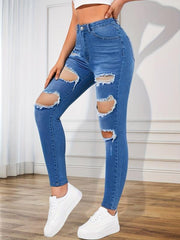 Ripped Holes Skinny Jeans Slim Fit Distressed Mid Stretch Denim Trousers