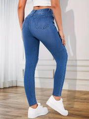 Ripped Holes Skinny Jeans Slim Fit Distressed Mid Stretch Denim Trousers