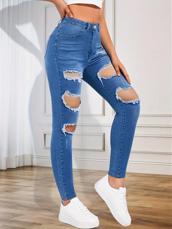 Ripped Holes Skinny Jeans Slim Fit Distressed Mid Stretch Denim Trousers