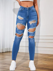 Ripped Holes Skinny Jeans Slim Fit Distressed Mid Stretch Denim Trousers