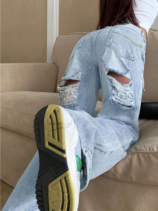 Distressed Wide Leg High Waist Jeans Loose Fit