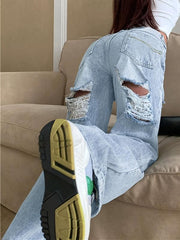 Distressed Wide Leg High Waist Jeans Loose Fit