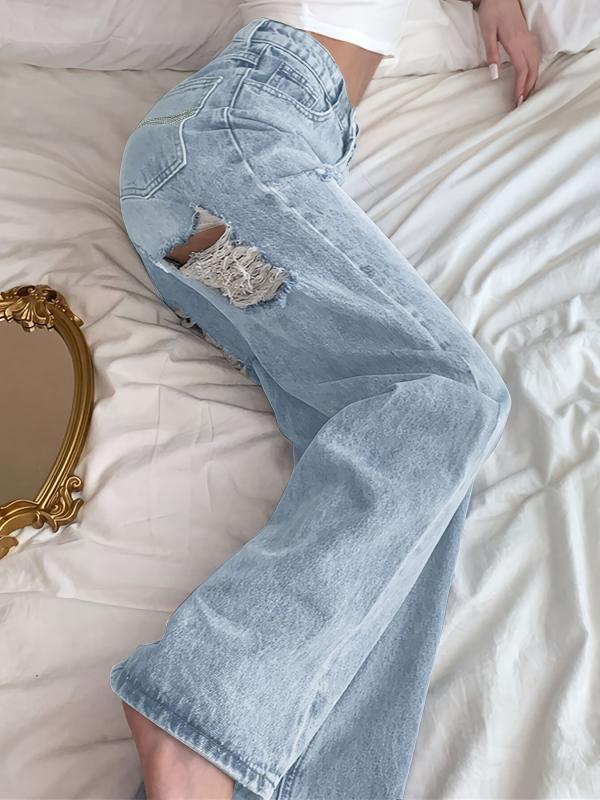 Distressed Wide Leg High Waist Jeans Loose Fit