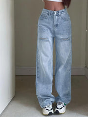 Distressed Wide Leg High Waist Jeans Loose Fit