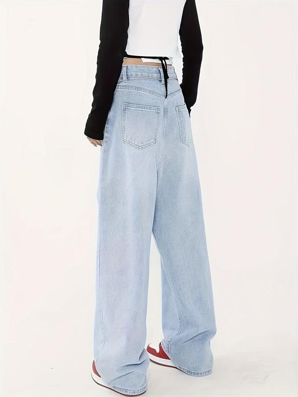 Loose Fit Wide Leg Jeans with Ripped Holes