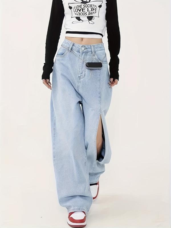Loose Fit Wide Leg Jeans with Ripped Holes