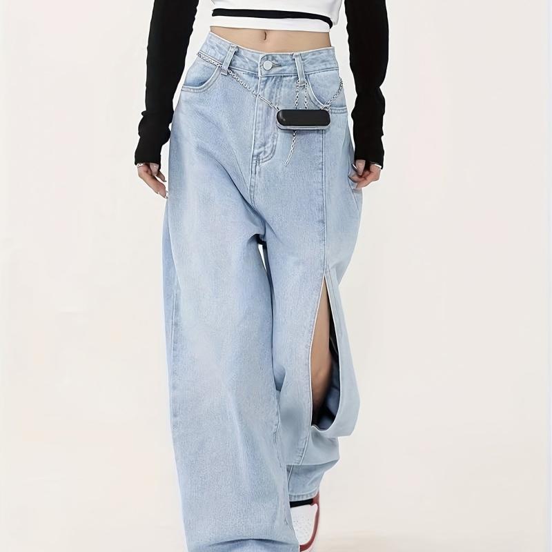Loose Fit Wide Leg Jeans with Ripped Holes