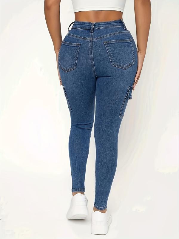 Flap Pockets Skinny Jeans Slim Fit Mid Stretch Versatile Tight Jeans