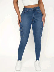 Flap Pockets Skinny Jeans Slim Fit Mid Stretch Versatile Tight Jeans