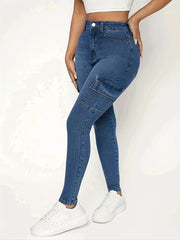 Flap Pockets Skinny Jeans Slim Fit Mid Stretch Versatile Tight Jeans