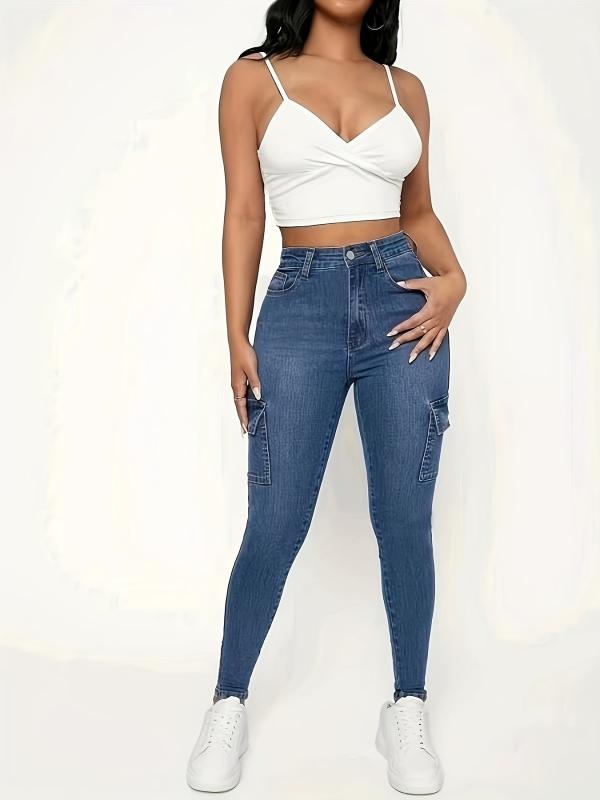 Flap Pockets Skinny Jeans Slim Fit Mid Stretch Versatile Tight Jeans