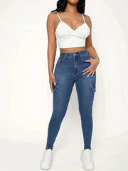 Flap Pockets Skinny Jeans Slim Fit Mid Stretch Versatile Tight Jeans