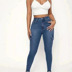 Flap Pockets Skinny Jeans Slim Fit Mid Stretch Versatile Tight Jeans