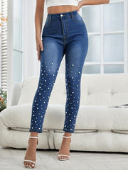 Faux Pearl Skinny Jeans Mid Stretch Ankle Length Denim