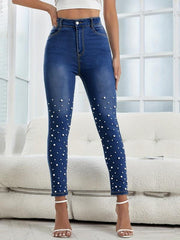 Faux Pearl Skinny Jeans Mid Stretch Ankle Length Denim