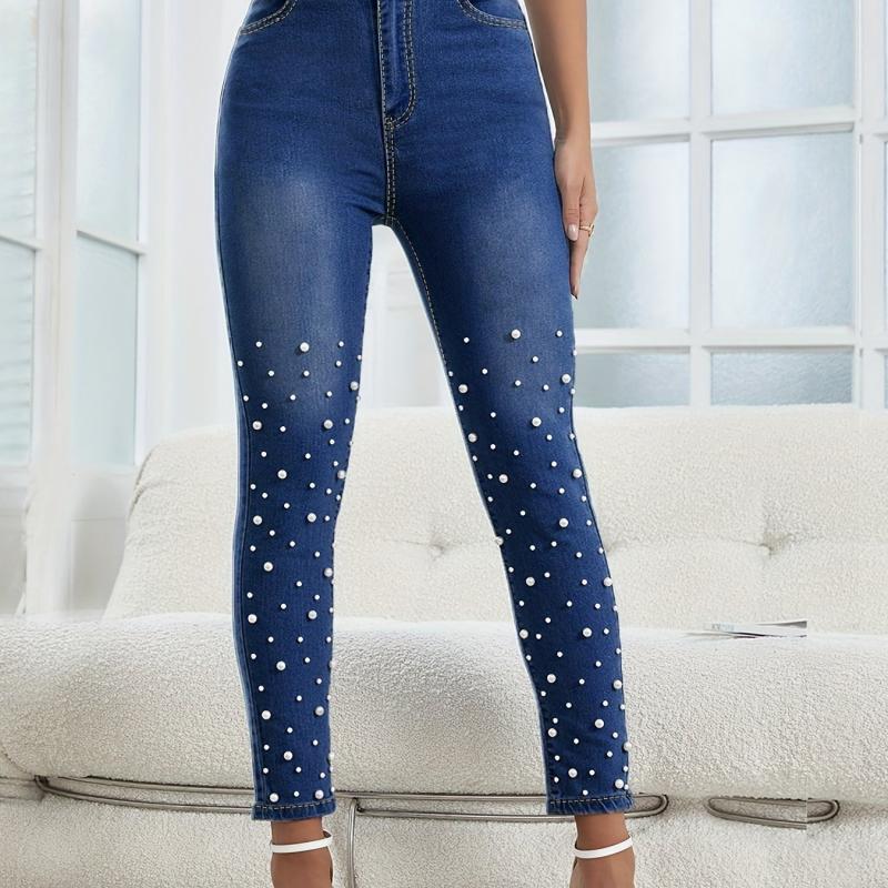 Faux Pearl Skinny Jeans Mid Stretch Ankle Length Denim