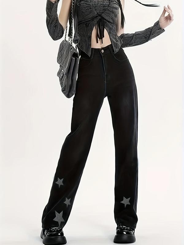 Star Pattern Straight Jeans Loose Fit Non Stretch Denim Trousers Women's