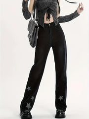 Star Pattern Straight Jeans Loose Fit Non Stretch Denim Trousers Women's